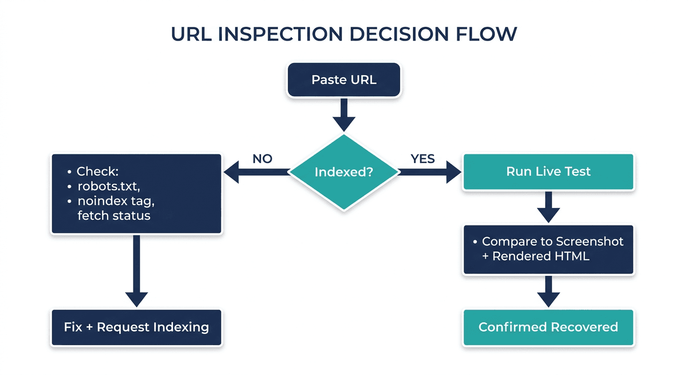 URL Inspection tool decision flow: indexed vs not indexed, page indexing checks, live test, request indexing