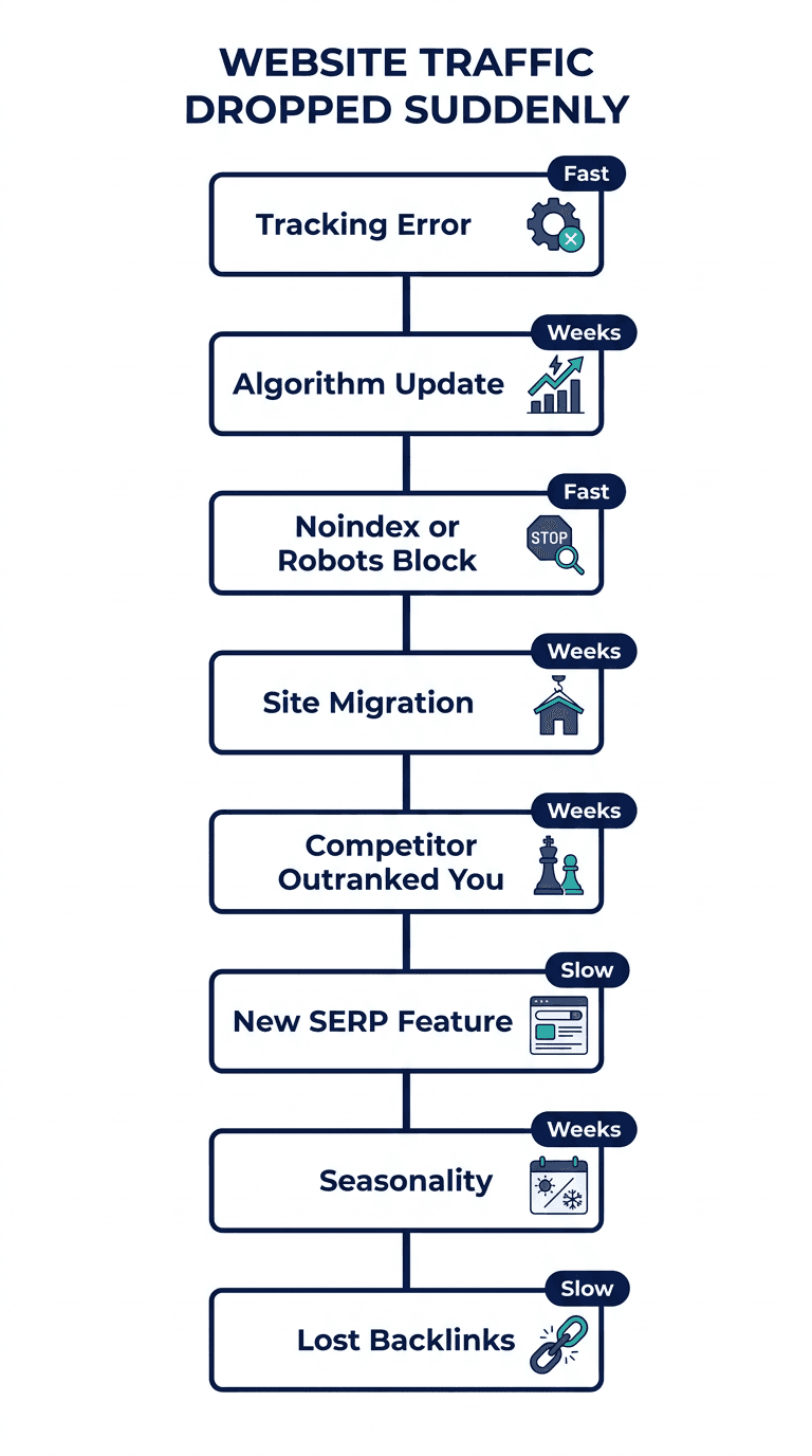 Website traffic drop decision tree: tracking error to Google algorithm update to technical block to migration to competitor overtook you to SERP feature to seasonality to lost backlinks, each with a check and typical recovery time